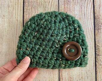 Baby hat READY TO SHIP brown wood button winter hospital beanie for fall coming home outfit newborn boy photo props shower gift green marble