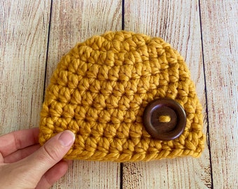 Fall baby hat READY TO SHIP brown wood button winter hospital beanie coming home outfit newborn boy girl photo props golden yellow mustard