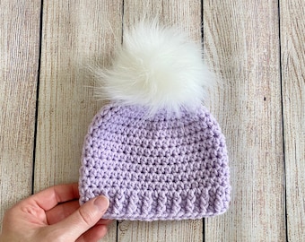 Lavender baby girl hat 39 colors fluffy white faux fur pom hospital beanie for spring outfit shower gift newborn - womens sizes light purple