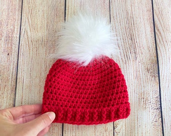 Christmas baby hat 39 colors red & white fluffy faux fur pom winter hospital beanie for holiday outfit photo prop newborn - womens sizes