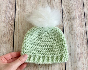 READY TO SHIP pale green newborn baby hat fluffy white faux fur pom hospital beanie for spring outfit Easter gift girl & boy shower gift