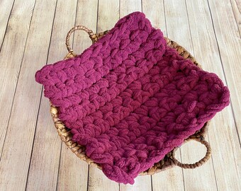 Plum newborn bump blanket READY TO SHIP 17x17" baby girl photo prop crochet mat chunky knit layer bucket filler bowl stuffer purple pink