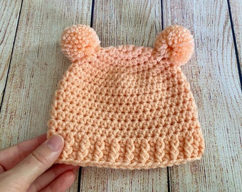 Newborn baby hat 39 colors crochet winter hospital beanie for boy or girl coming home outfit shower gift fall bear ear mini pom peach