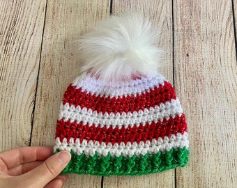 READY TO SHIP Christmas baby hat green red white sparkle faux fur pom holiday hospital beanie going home outfit newborn boy girl photo prop