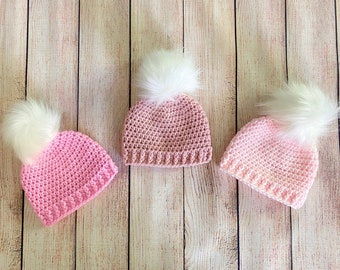 65 colors baby girl hat fluffy white faux fur pom pom hospital beanie for winter outfit photo prop shower gift newborn - womens sizes pink