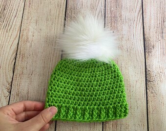 Green baby hat 39 colors fluffy white faux fur pom Christmas beanie winter hospital outfit lime shower gift newborn girl - womens sizes