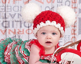 Christmas Santa baby hat chunky crochet giant pom pom newborn-womens sizes Xmas photo props for holiday family photography cute red & white