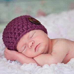 Baby girl hat 70 colors winter hospital beanie with brown wood button for coming home outfit shower gift newborn photo prop purple plum