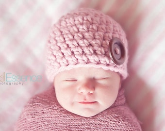 Newborn baby girl hat READY TO SHIP brown wood button crochet hospital beanie for coming home outfit photo props shower gift light pink