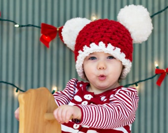 Toddler girl Christmas hat giant pom pom red & white Santa beanie baby - womens sizes holiday photography photo prop for Xmas school parties