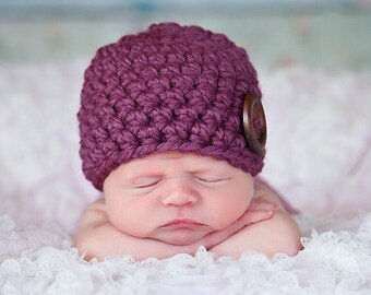 Newborn baby girl hat READY TO SHIP brown wood button winter hospital beanie for coming home outfit photo props shower gift purple plum