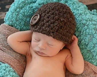 Baby hat READY TO SHIP dark brown wood button winter hospital beanie coming home outfit boy & girl newborn photo prop 0 to 3 month 0-3