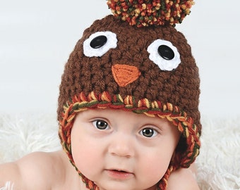 Thanksgiving turkey baby hat brown giant pom hospital beanie for holiday coming home outfit fall newborn photo prop shower gift larger sizes