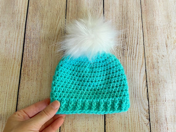 Aqua Blue Baby Hat READY TO SHIP Fluffy White Faux Fur Pom Crochet