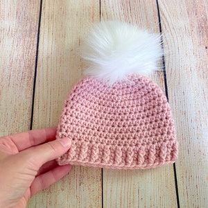 Pale pink baby girl hat 39 colors fluffy white faux fur pom hospital beanie for winter outfit photo prop shower gift newborn womens sizes image 4