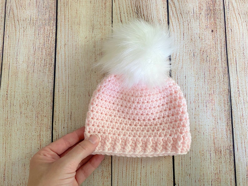 Pale pink baby girl hat 39 colors fluffy white faux fur pom hospital beanie for winter outfit photo prop shower gift newborn womens sizes image 1
