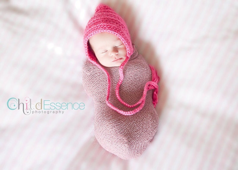 Baby girl bonnet 30 colors pixie elf hospital hat for winter coming home outfit newborn gnome photo prop larger sizes shower gift hot pink image 1