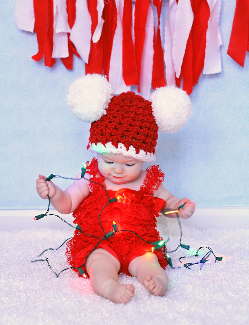Christmas Santa hat all sizes giant pom Xmas beanie holiday family photography photo prop baby toddler kids womens sizes red and white 6 to 9 Month