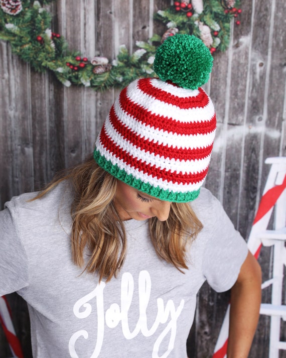 Womens Christmas Hat Red Green White Giant Pom Crochet Striped Beanie Womans Holiday Xmas Photo Prop for Family Photography Parties Caroling Etsy Canada