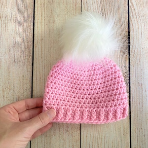 Pale pink baby girl hat 39 colors fluffy white faux fur pom hospital beanie for winter outfit photo prop shower gift newborn womens sizes image 5