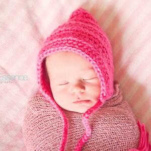 Baby girl bonnet 30 colors pixie elf hospital hat for winter coming home outfit newborn gnome photo prop larger sizes shower gift hot pink image 4