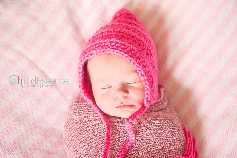 Baby girl bonnet 30 colors pixie elf hospital hat for winter coming home outfit newborn gnome photo prop larger sizes shower gift hot pink image 4