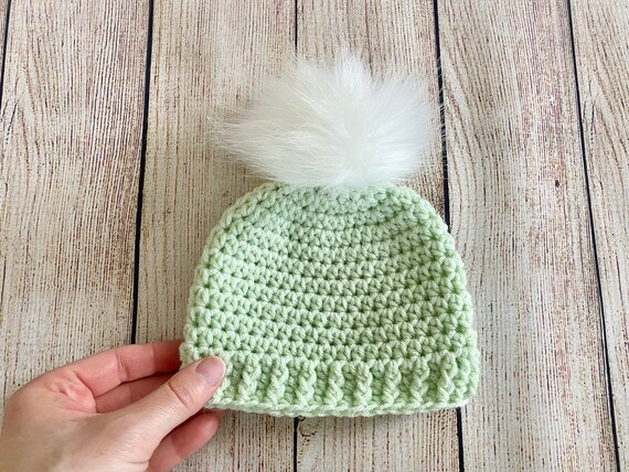 READY TO SHIP Pale Green Newborn Baby Hat Fluffy White Faux Fur