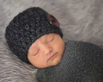 Baby boy hat 70 colors wood button chunky crochet hospital beanie for coming home outfit newborn photo prop shower gift dark charcoal gray