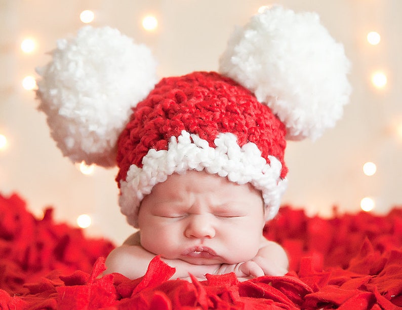 Christmas Santa hat all sizes giant pom Xmas beanie holiday family photography photo prop baby toddler kids womens sizes red and white Newborn