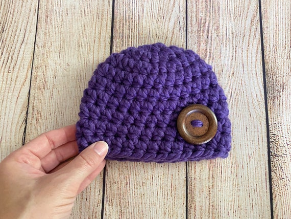 Purple Newborn Girl Hat, Brown Wood Button, Winter Hospital Baby
