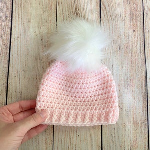 Pale pink baby girl hat 39 colors fluffy white faux fur pom hospital beanie for winter outfit photo prop shower gift newborn womens sizes image 3