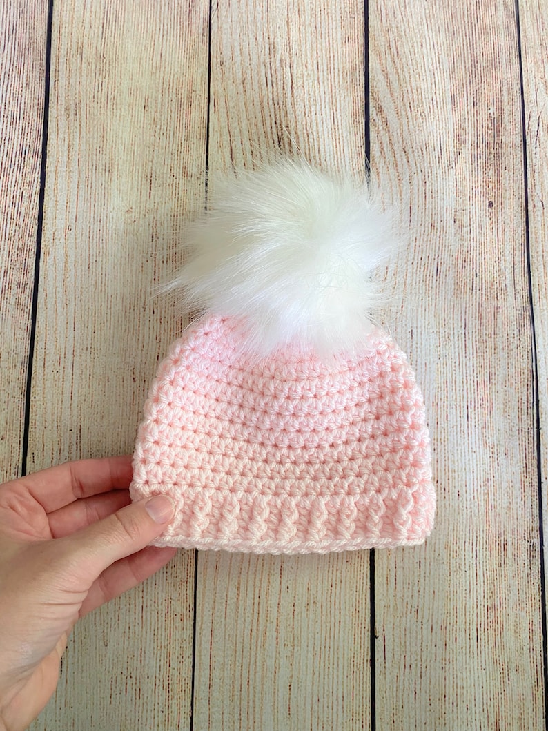 Pale pink baby girl hat 39 colors fluffy white faux fur pom hospital beanie for winter outfit photo prop shower gift newborn womens sizes image 3