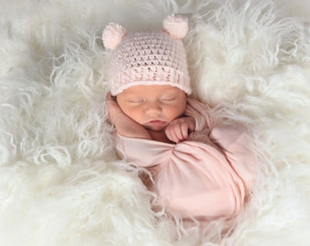 Newborn baby girl hat 65 colors mini pom pom bear beanie hospital hat for coming home outifit shower gift photo photography prop pale pink