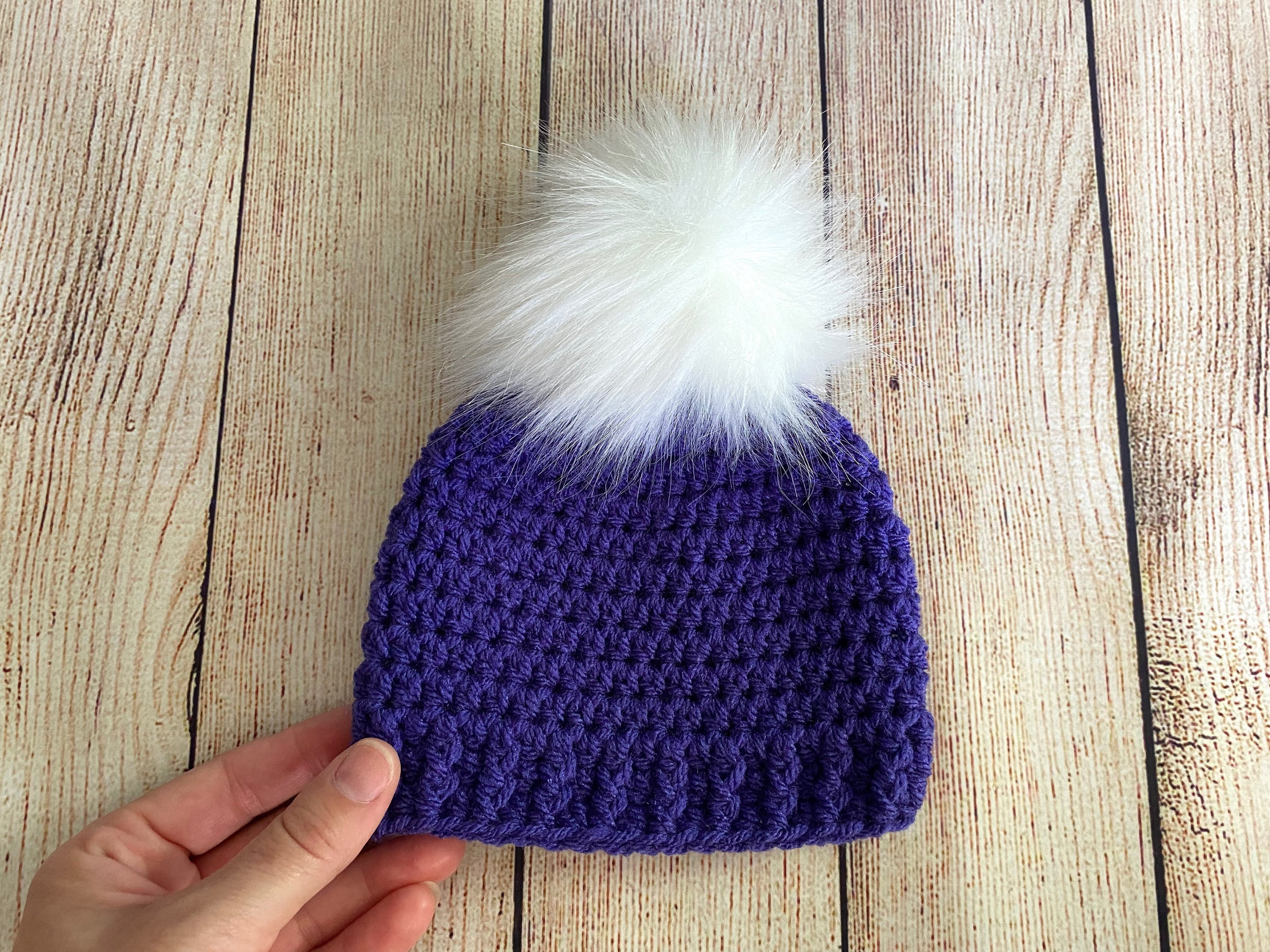 Purple Baby Girl Hat READY TO SHIP White Faux Fur Pom Crochet