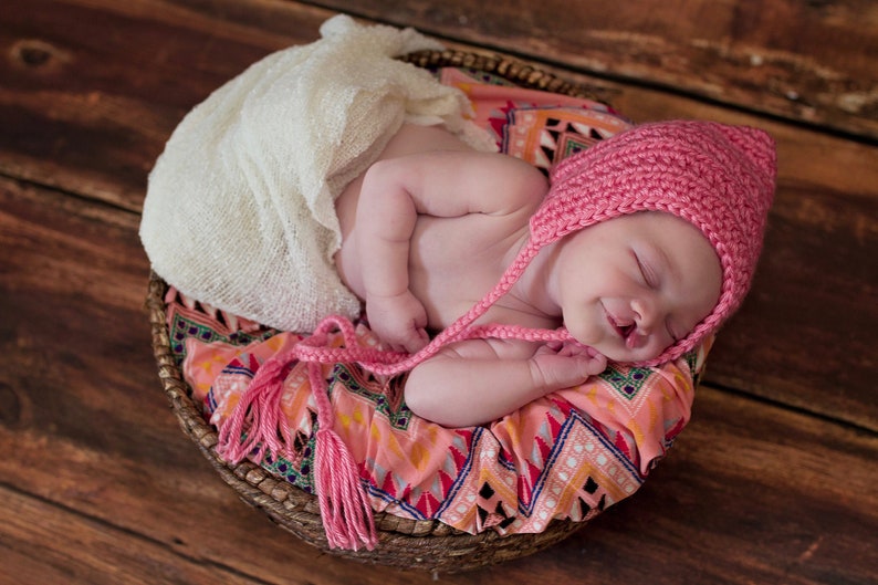 Baby girl hat 30 colors elf hospital bonnet for coming home outfit newborn photography gnome photo prop unique shower gift strawberry pink image 1