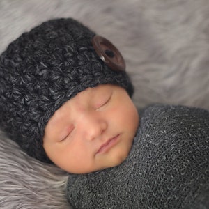Baby boy hat READY TO SHIP brown wood button hospital beanie for coming home outfit newborn photo props shower gift dark grey charcoal gray