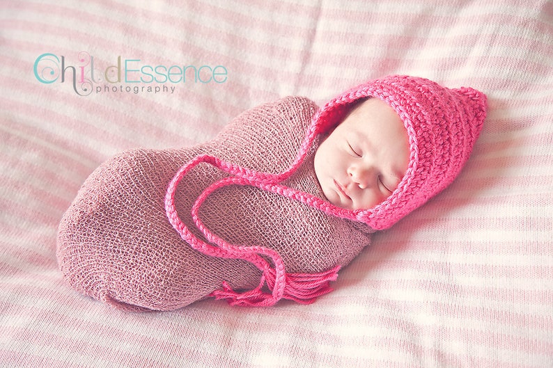 Baby girl bonnet 30 colors pixie elf hospital hat for winter coming home outfit newborn gnome photo prop larger sizes shower gift hot pink image 6