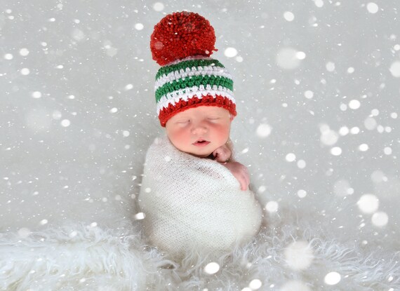 Baby Christmas hat giant pom striped hospital beanie for Xmas coming home outfit holiday photo prop newborn photography red green & white