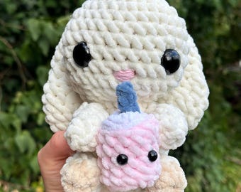 Handmade, crocheted bunny with small cup