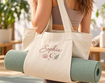 Personalized Yoga Mat Tote Bag, Custom Embroidered Name Canvas Pilates Bag, Gym Workout Bag, Yoga Mat Carrier, Yoga Teacher Gift for Her