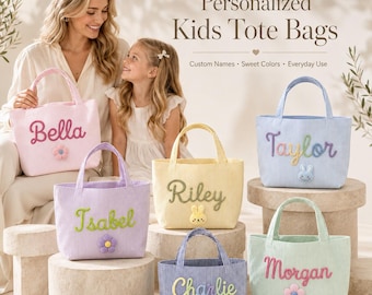 Personalized Kids Tote Bag, Custom Name Seersucker Bag, Embroidered Girls Tote, Beach Bag, Birthday Gift, Flower Bunny Carry Bag