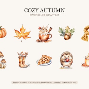 Könnte beinhalten: Ein Aquarell-Clipart-Set mit dem Titel COZY AUTUMN, bestehend aus zehn Illustrationen: ein orangefarbener Kürbis, ein gelbes Ahornblatt, eine Tasse mit Schlagsahne, eine Eichel, ein Strickschal, zwei Pilze, Gummistiefel, ein Stück Kuchen, ein Igel und eine Kerze.