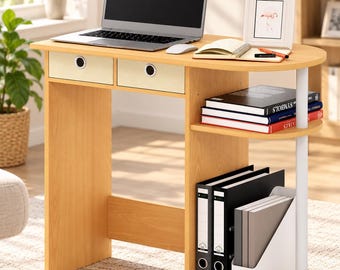 Compact Beech Computer Desk with 2 Side Shelves, 31.5-Inch Wide