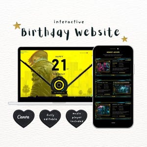 以下が含まれることがあります： ノートパソコンとスマートフォンの画面に表示されたインタラクティブな誕生日ウェブサイトのテンプレート。黄色い背景に人物、「HAPPY 21ST BIRTHDAY」というテキスト、アーカイブが表示されています。3つのハートのアイコンには「Canva」、「fully editable」、「music player included」と書かれています。