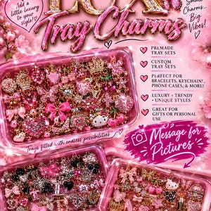 May include: Three clear rectangular plastic trays filled with assorted small metal charms in pink, gold, and silver tones. The charms feature shapes like hearts, bows, crowns, butterflies, and cherries. Text includes Prettiest Obsession.