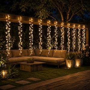 May include: A series of vertical string lights with small, warm white glowing bulbs hanging from a wooden pergola beam. The lights are arranged in multiple parallel strands, creating a curtain effect above an outdoor sectional sofa and patio area.