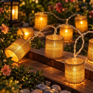 Peut inclure: Une guirlande lumineuse décorative composée d'abat-jours cylindriques en toile de jute beige. Chaque abat-jour contient une petite ampoule LED à lumière chaude, reliée par un fil fin et flexible. Les lumières sont disposées en série.