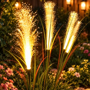 May include: A set of three outdoor garden lights featuring fiber optic strands that emit a warm, glowing yellow light. The lights are shaped like tall, slender grass stalks with thin, pointed green leaves at the base, creating a bright, firework-like effect.