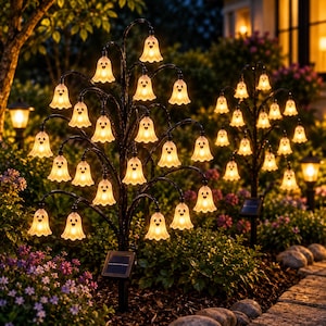 May include: Two black metal garden stakes shaped like trees, each featuring multiple glowing, translucent white ghost-shaped light covers. The ghost figures have simple black facial features and emit a warm yellow light, powered by small solar panels.