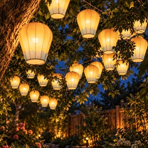 May include: A string of glowing, warm-toned paper lanterns suspended from tree branches. Each lantern features a rounded, balloon-like shape with a light-colored base and a soft, illuminated interior, creating a festive atmosphere in an outdoor setting.